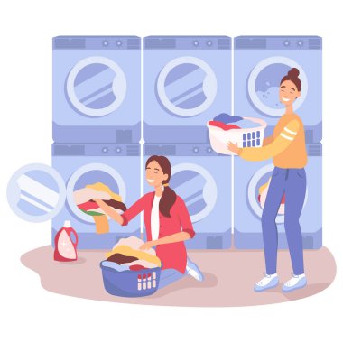 Çamaşır Konsepti. Çamaşırhanedeki insanlar çamaşırlarını yıkıyorlar. Çamaşır ve kurutma makineleri olan self servis çamaşırhanesi..