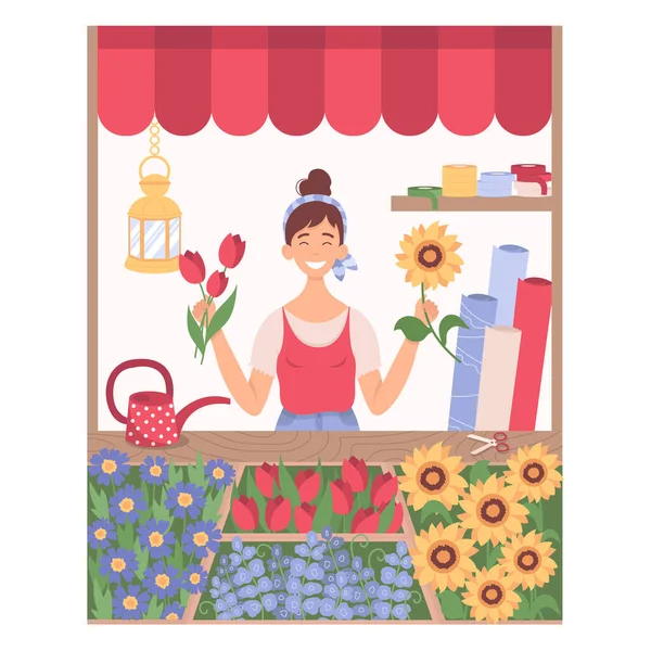 一个女孩在卖花柜台卖花 街上有花出售的市场亭 白色背景隔离的植物区系市场帐篷 — 图库矢量图片