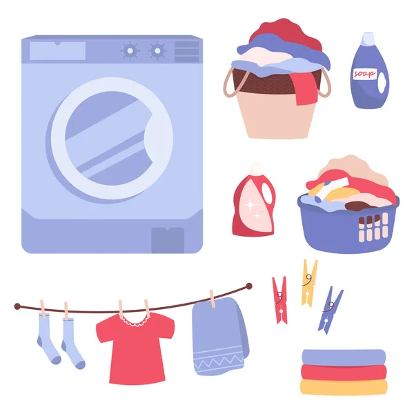 Κάνω Μπουγάδα Στο Σπίτι Σύνολο Στοιχείων Πλυντηρίου Πλυντήριο Ρούχων Διακόσμηση — Διανυσματικό Αρχείο