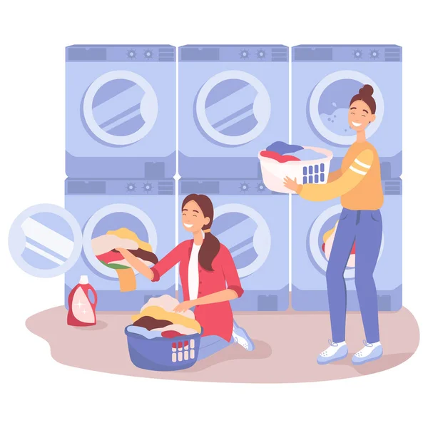 Tvättkoncept Folk Tvätteri Tvättar Sina Kläder Självbetjäning Tvättomat Med Tvätt — Stock vektor