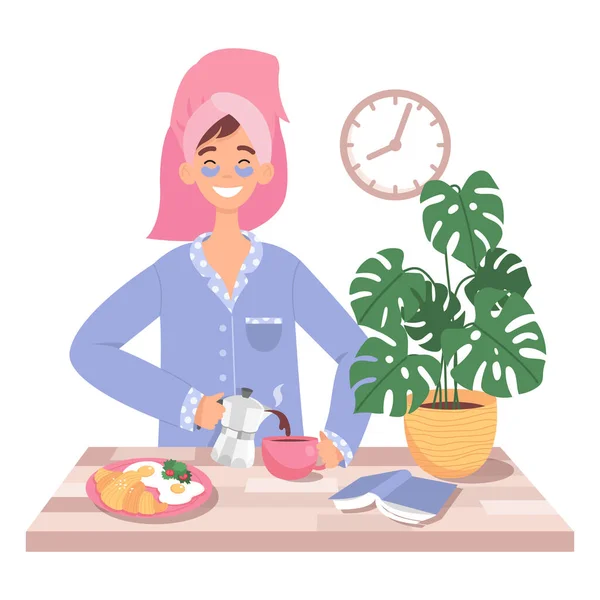 Chica Sonriente Con Una Toalla Cabeza Preparando Desayuno Café Huevos — Vector de stock