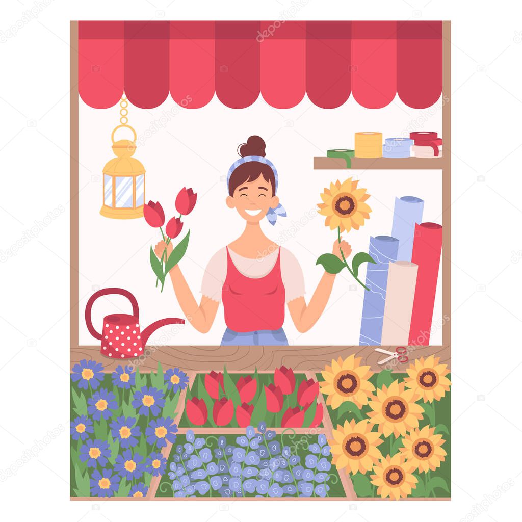 A girl sells flowers at stall counter. Street market kiosk with flowers for sale. Floristic marketplace tent isolated on white background.