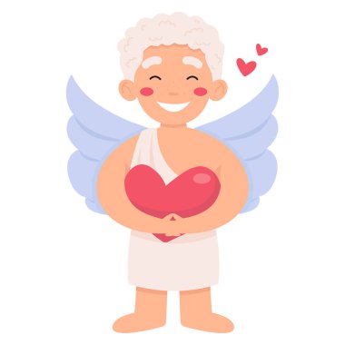 Beyaz bir arka planda kalbi tutan sevimli bir aşk tanrısı. Sevgililer Günü konsepti