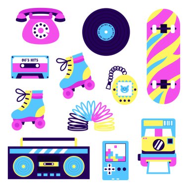 Set of colorful elements in style of 90s. Collection of retro pop culture items from 90s - skate, boombox, vinyl record, cassette tape, tamagotchi, spring Isolated on a white background.