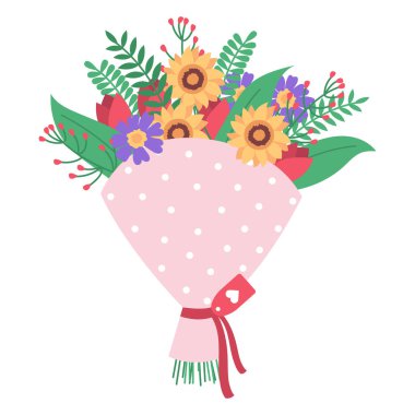 A bouquet of flowers on a white background. Congratulations happy birthday, Valentine's Day and International Women's Day.
