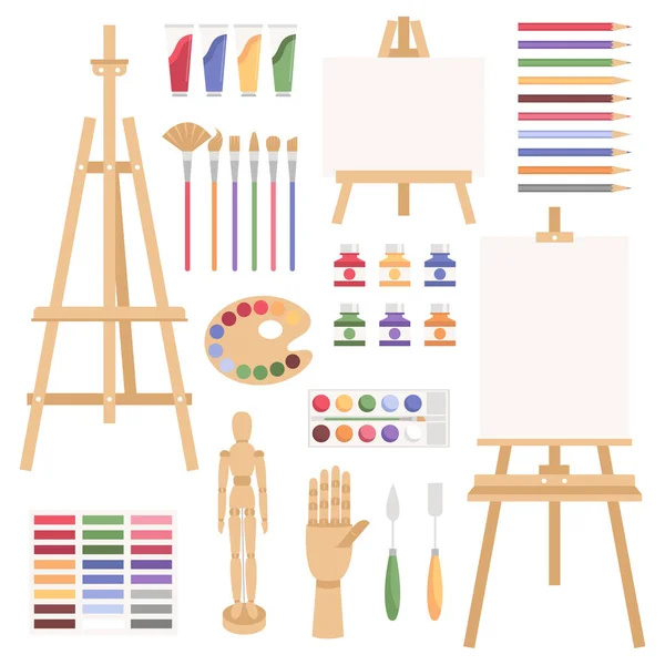 Paint Arts Tool Kit Artists Supplies Watercolor Easel Palette Wooden — Stock Vector