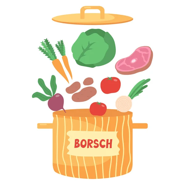 Ingrediënten Voor Borsch Vlees Bieten Aardappelen Wortelen Uien Kool Tomaten — Stockvector