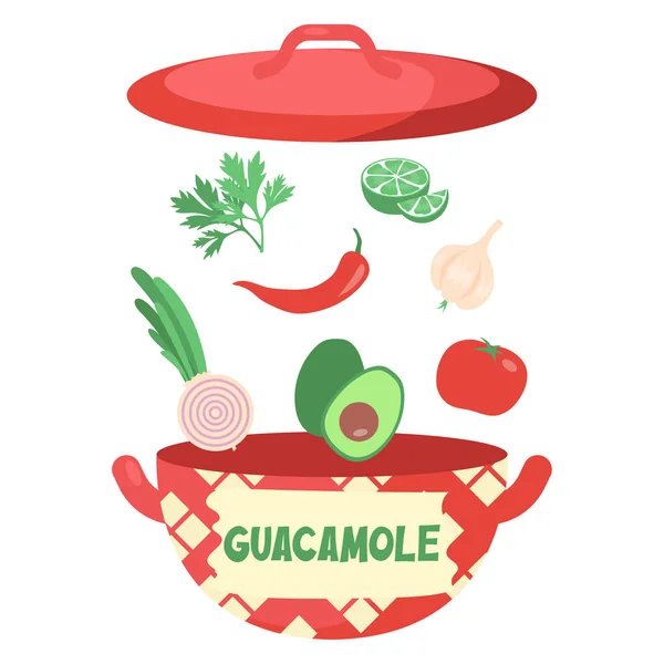 Ingrediënten Voor Guacamole Avocado Chili Peper Tomaten Knoflook Limoen Koriander — Stockvector
