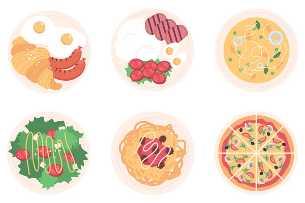 Çizgi filmlerdeki çeşitli yemekler: Kızarmış yumurta, patates püresi, çorba, salata, makarna ve beyaz arka planda izole edilmiş pizza. Kahvaltı, öğle ve akşam yemeği..