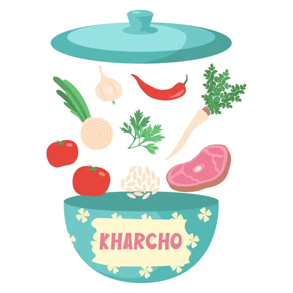 Ingrediënten Voor Kharcho Chili Peper Rundvlees Tomaten Knoflook Peterselie Wortel — Stockvector