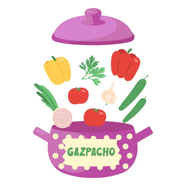 Ingrédients Pour Gaspacho Poivrons Concombres Tomates Oignon Ail Coriandre Soupe — Image vectorielle