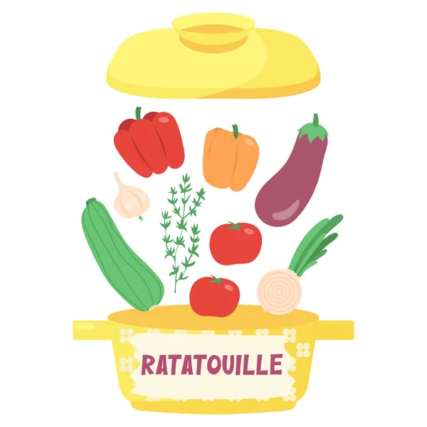 Ingrediënten Voor Ratatouille Paprika Courgette Aubergine Tomaten Knoflook Tijm Stewed — Stockvector