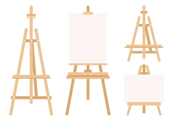 白いキャンバスと木製のイーゼルや絵画アートボードのセット 白い背景のフラットベクトルイラスト — ストックベクタ