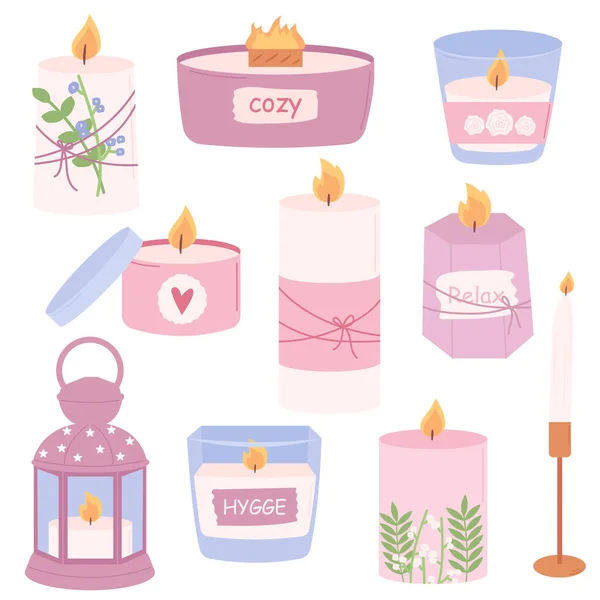 Hygge Set Various Scented Aroma Candles Collection Cozy Candles Flat — Vector de stock