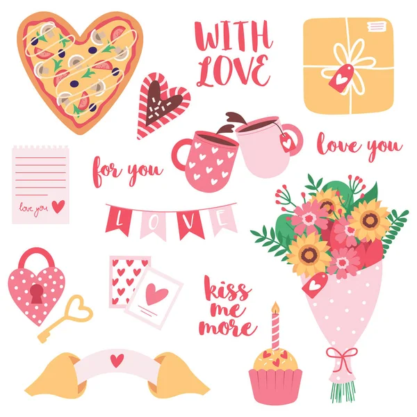 Valentine Day Element Set Hearts Gift Fortune Cookie Flowers Postcard — Vetor de Stock