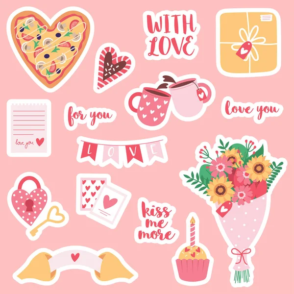 Valentine Day Stickers Set Hearts Gift Fortune Cookie Flowers Postcard — Vetor de Stock