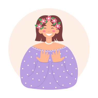 Çiçekli mutlu kız gülümsüyor. Kadınlar Günü konsepti. Beyaz arkaplanda izole edilmiş şirin düz vektör illüstrasyonu