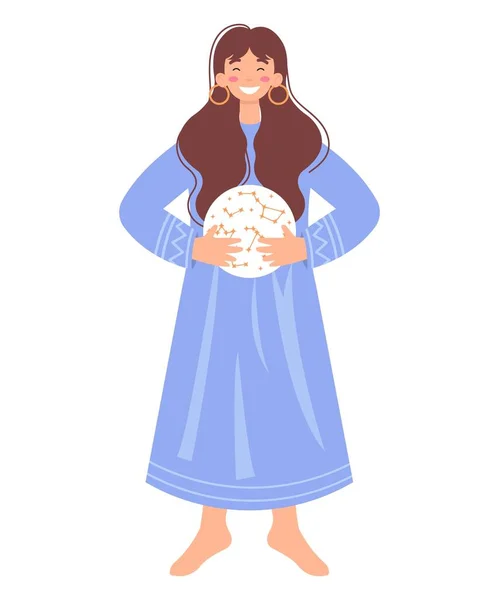 Woman Holding Crystal Ball Astrology Concept Flat Colored Vector Illustration — Stockvektor