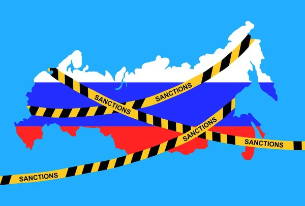 Sanctions Russia Silhouette Map Russian Federation Flag Tricolor Crossed Yellow — Stok Vektör