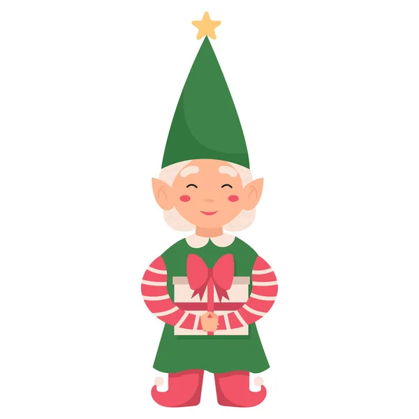 Funny Christmas Gnome Isolated White Background Santa Elf Gift — Stock Vector