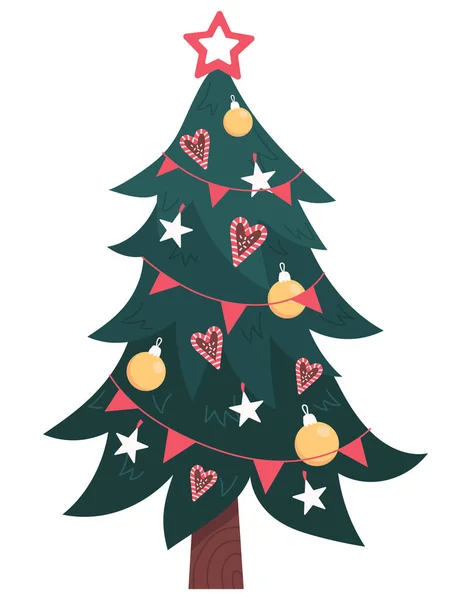 Decorated Christmas Tree Isolated White Background Hand Drawn Vector Flat — Stock Vector