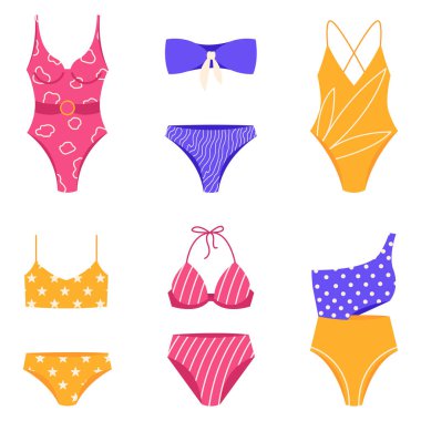 Kadın mayosu. Renkli kadın mayoları seti. Moda bikini koleksiyonu. Beyaz arkaplanda izole edilmiş vektör illüstrasyonu