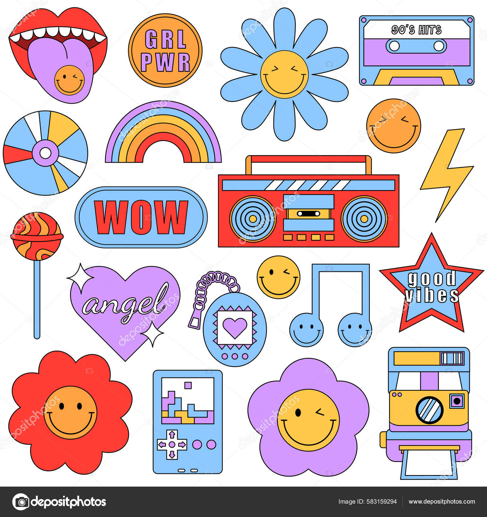 Vector Set of Cute Funny Patches and Stickers in 90s Style.Modern