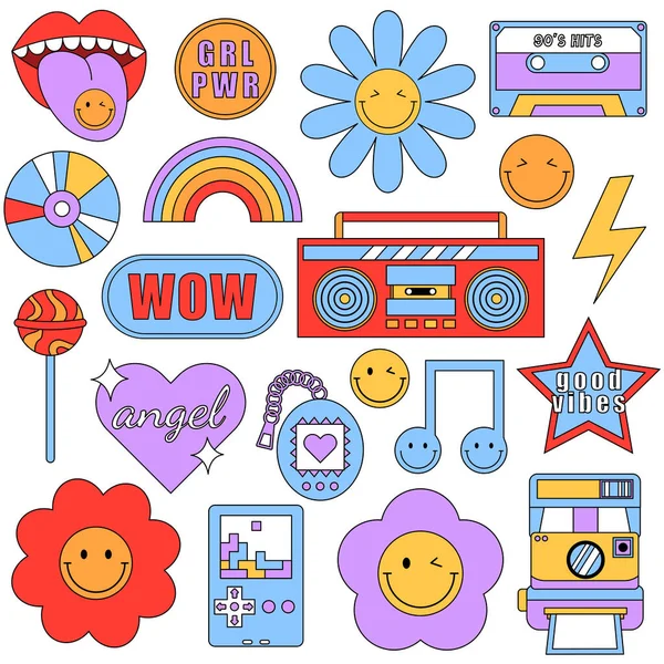Set Trendy Retro Stickers Smile Faces 90S Elements Patches Isolated — Stock Vector