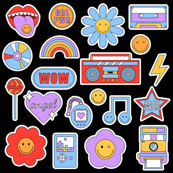 Set Trendy Retro Stickers Smile Faces 90S Elements Patches Isolated — Stock Vector