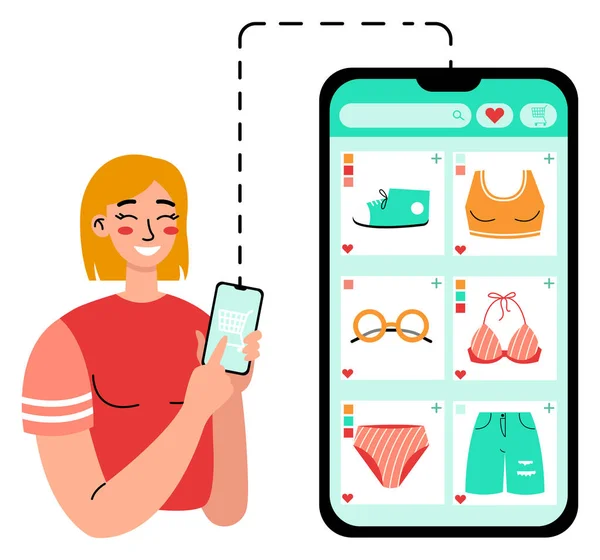 Online Clothing Order Woman Using App Shopping Online Phone Shopping — Διανυσματικό Αρχείο