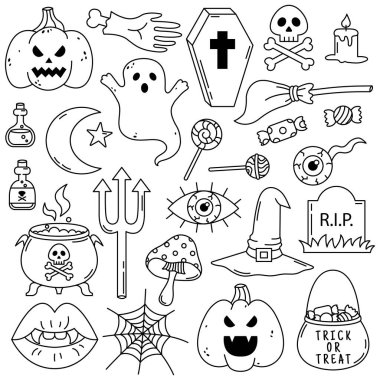 Halloween doodle set isolated on a white background. Black and white line art.