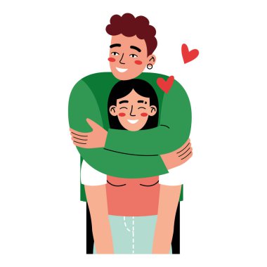 Happy couple in romantic relationships. Man and woman hugging or cuddling. Colorful flat illustration on a white background.