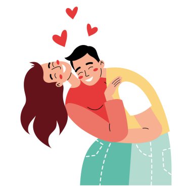 Happy couple in romantic relationships. Man and woman hugging or cuddling. Colorful flat illustration on a white background.