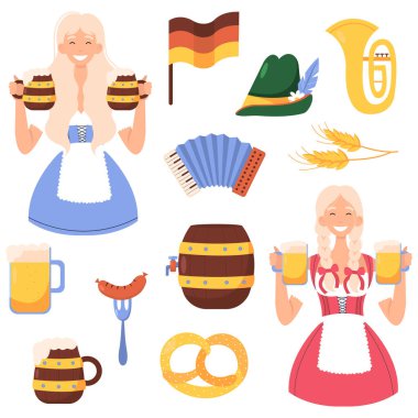 Ekim Festivali elementlerinin vektör seti: Alman birası, kraker, sosis. Almanya 'daki halk festivali için koleksiyon. Münih sembolleri. Oktoberfest kızları Bavyera topraklarında!.