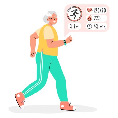 Old woman running with fitness tracker isolated on a white background. Smart Watch for senior people concept. Active old age.