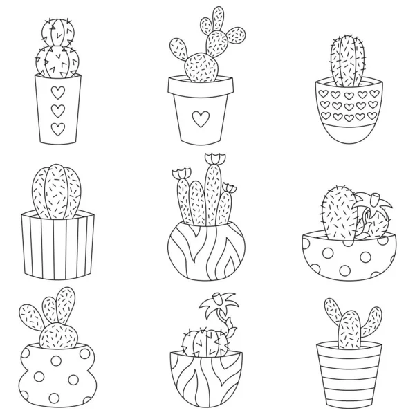 Set Cactuses Pots Line Art Icons — Vettoriale Stock