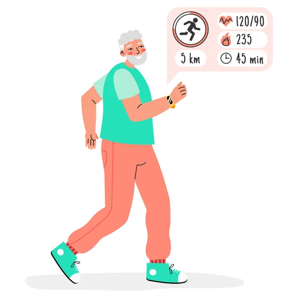 Old Man Running Fitness Tracker Isolated White Background Smart Watch — Stockvektor