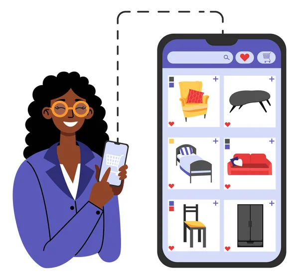 Online Furniture Order African Woman Using App Shopping Online Phone — Image vectorielle