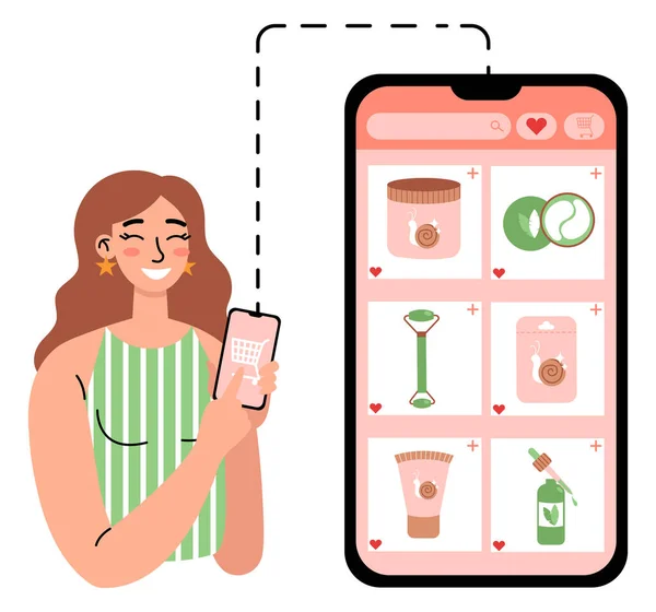 Online Παραγγελία Καλλυντικών Γυναίκα Χρησιμοποιώντας App Και Ψώνια Απευθείας Σύνδεση — Διανυσματικό Αρχείο