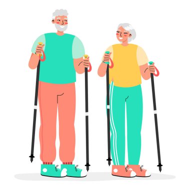  Yürüyüş personeli ve beyaz bir arka planda izole edilmiş fitness izleyicisiyle yürüyüş yapan neşeli, pozitif yaşlı çift. Yaşlılar konsepti için akıllı izleme. Etkin yaşlılık.