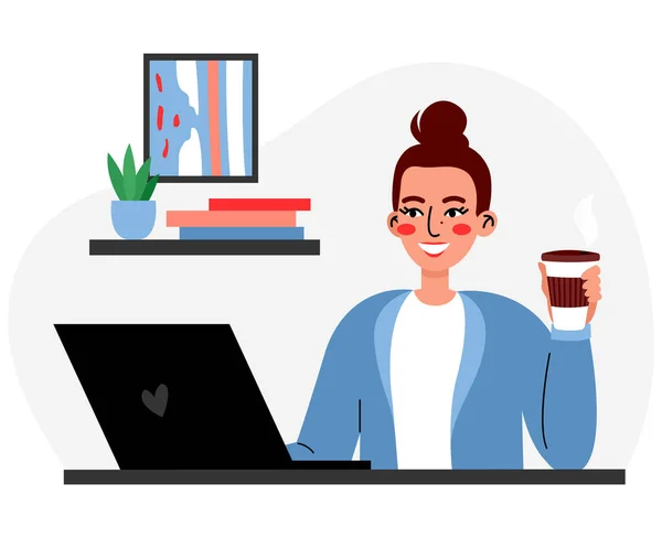 Business Woman Works Laptop Remote Work Home Freelance Flat Vector — Stock Vector