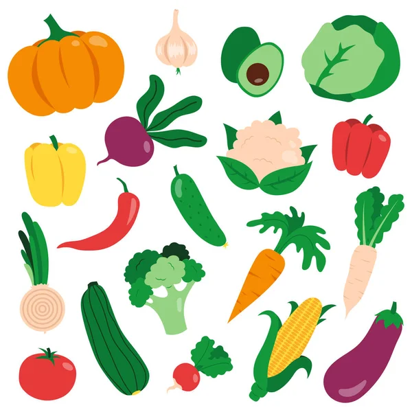 Kolekce Ručně Kreslené Zeleniny Sada Plochých Ikon Izolovaných Bílém Pozadí — Stockový vektor