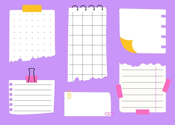 一组手绘纸笔记模板 用于检查列表或执行列表 带有纸夹和紫色背景粘贴带的笔记本 — 图库矢量图片
