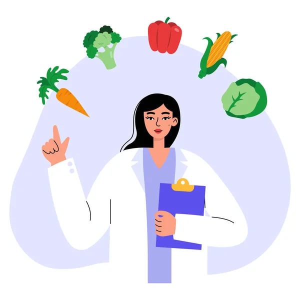 Dieetplan Voedingsadvies Concept Vrouwelijke Voedingsdeskundige Diëtist Arts Met Groenten Vlakke — Stockvector