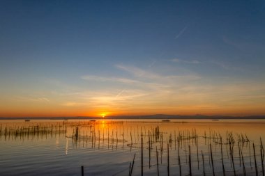 İspanya 'daki La Albufera de Valencia manzarası. Gün batımında ön planda balık ağları olacak.