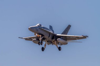 Zaragoza, İspanya - 16 Temmuz 2021 - F-A-18A + Eşekarısı, İspanyol Hava Kuvvetleri 'nin Zaragoza askeri üssüne ait savaş uçağı havalimanına inmeye hazır.