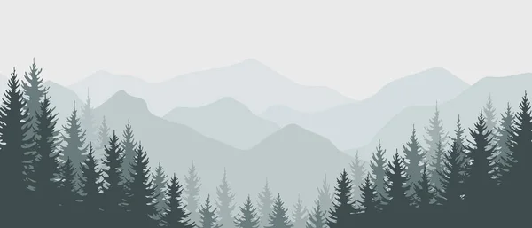 Bergpanorama Met Groenblijvende Naaldbomen Horizontale Banner Sjabloon Met Dennenbos Briefkaart — Stockvector
