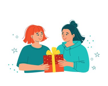 Hediye kutusu olan iki genç kadın. Kız arkadaşına, kız kardeşine doğum günü, noel, sevgililer günü hediyesi yapar. Eşcinsel bir ailede aile tatili kavramı. Lgbtq çifti. İzole vektör illüstrasyonu
