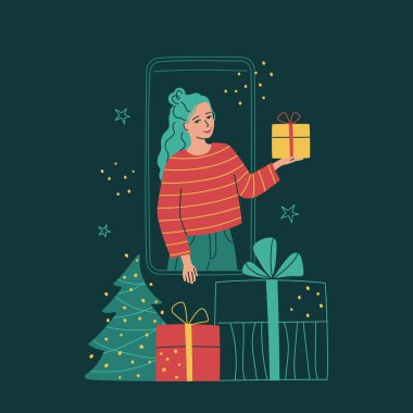 Genç bir kadın telefon ekranında Noel hediyesi kutusunu tutuyor. Sanal hediye kavramı, akıllı telefondaki bir uygulamayı kullanmak. Çevrimiçi kazançlar, terfi, satış. Uzaktan teslimat. Vektör illüstrasyonu