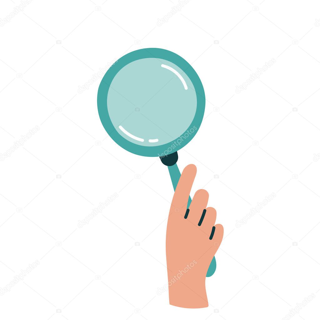 Hand holding a magnifying glass or loupe isolated on white background. Search for problem solutions, science, analysis, business, detective, research. Flat hand drawn vector illustration. 